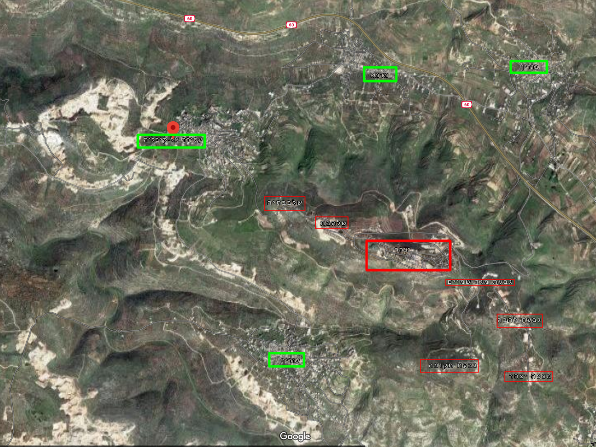 מפה מתארת את מיקום התנחלות יצהר בקרב הכפרים הפלסטינים