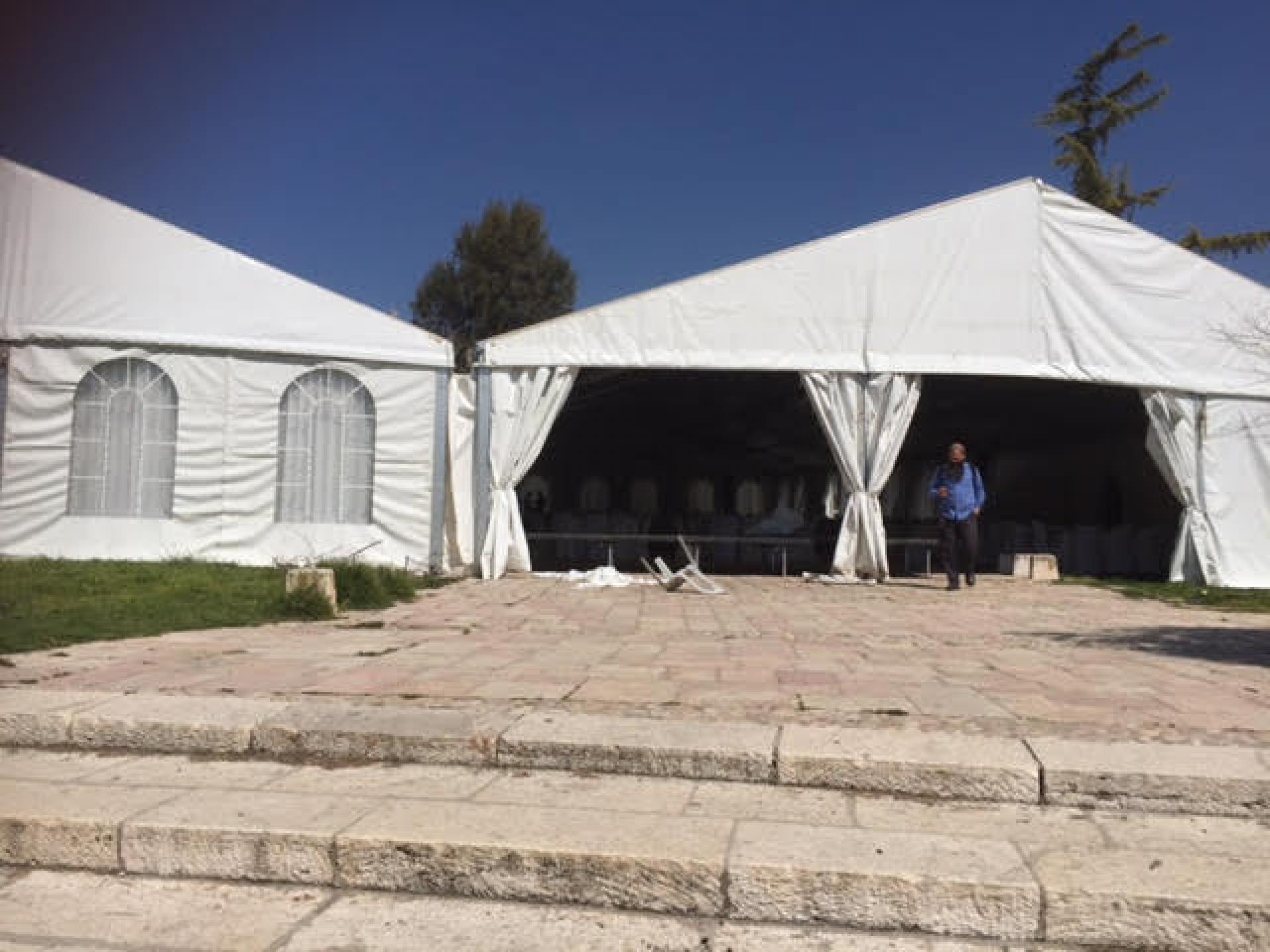 Chabad Hasidim took over the lawn near the Cave of the Patriarchs, having dinner in the evening