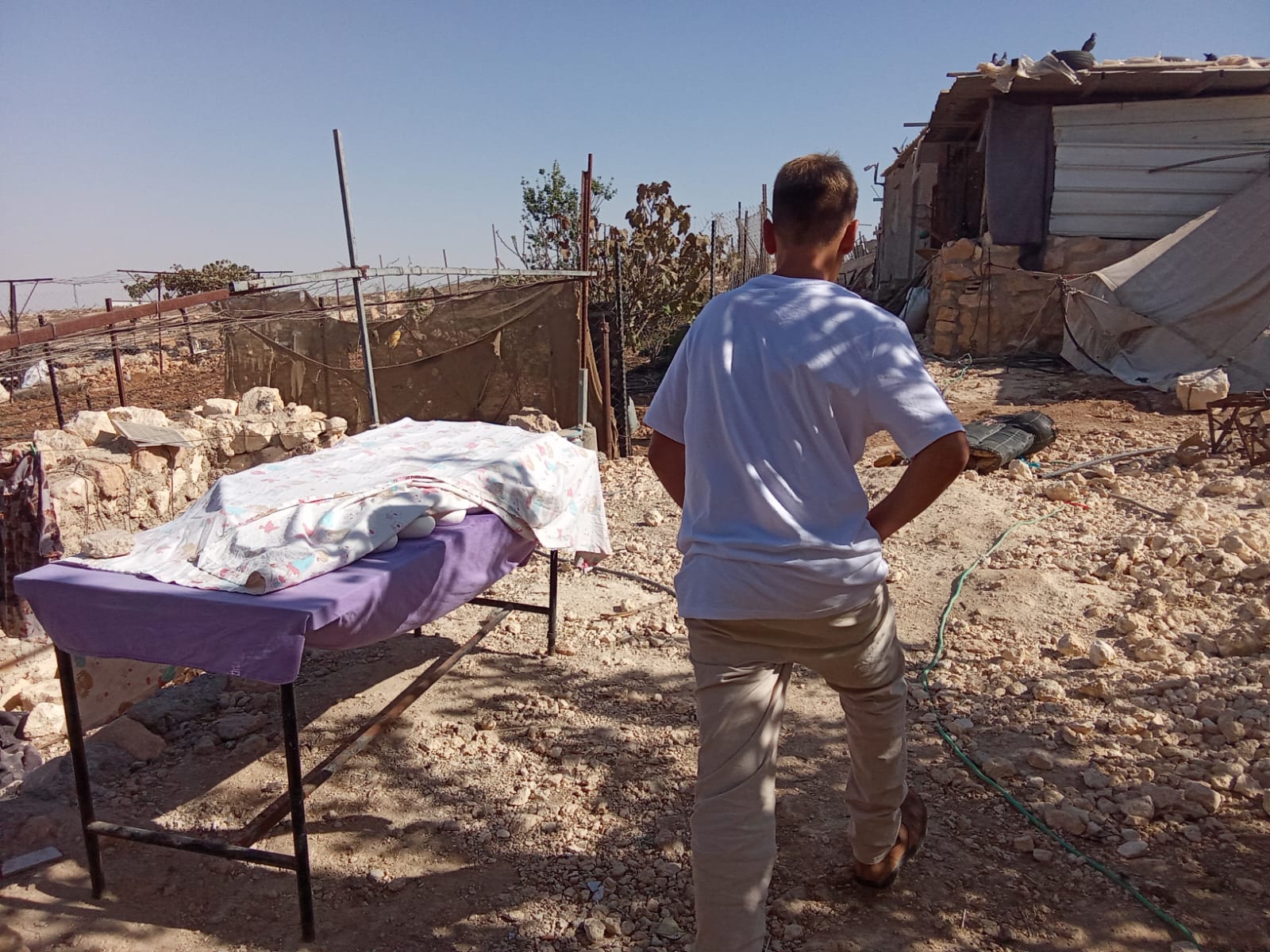 Sha'ab al-Butum - a settler at a conical labaneh drying table inside the family compound
