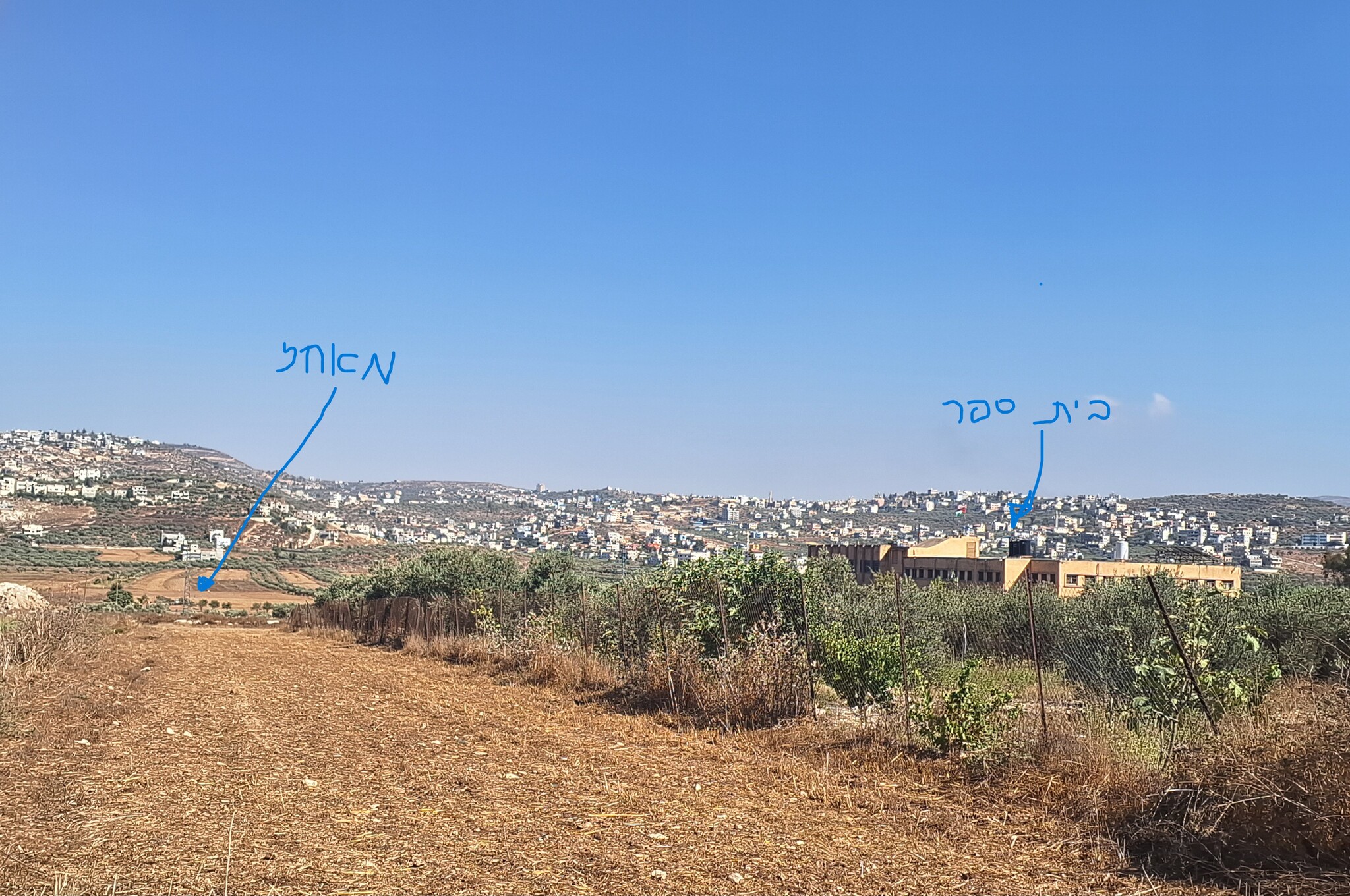 חווארה. בית הספר בפאתי העיירה ומאחז נחבא בין העצים